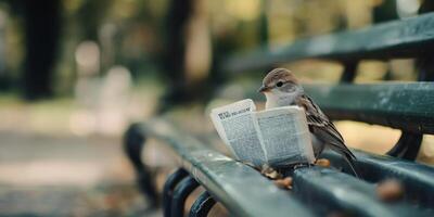 A charming little sparrow enjoying a leisurely afternoon by reading a newspaper on a park bench photo