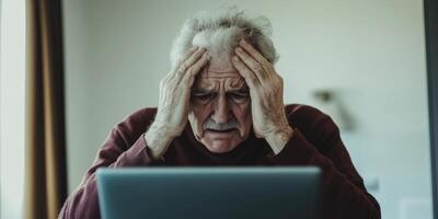 An Elderly Man Struggling with Technology While Trying to Navigate It Inside His Home photo