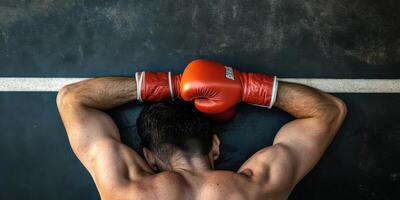 A Defeated Boxer is Taking a MuchNeeded Rest in the Boxing Ring Following a Tough, Grueling Match photo