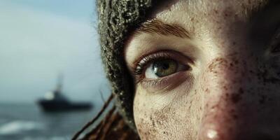 An Intense and Focused Gaze at the Sea with a Fishing Vessel Visible in the Background photo