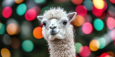 Adorable and Cute Alpaca Portrait Set Against a Colorful and Festive Bokeh Background photo