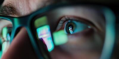 A detailed closeup view of an eye reflecting a multitude of digital screens from various angles photo