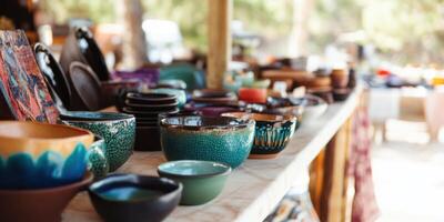 An Array of Colorful Handmade Ceramic Bowls Beautifully Displayed Outdoors for Everyone photo