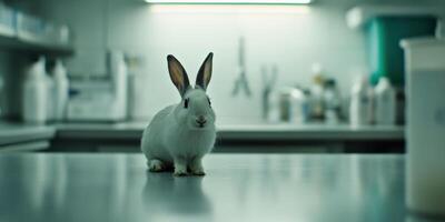A White Rabbit situated in a Laboratory Environment showcasing its calm and adorable nature photo