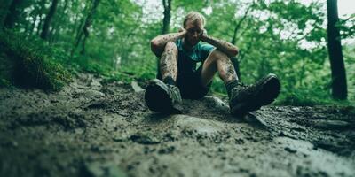 A Struggling Hiker in a Forest Filled with Mud Faces the Reality of Natures Challenges photo