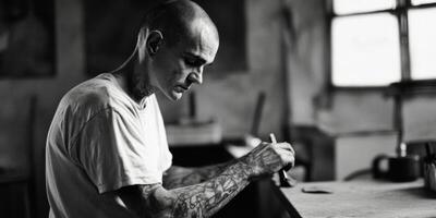 An Artisan Dedicating Time to Create an Intricate Tattoo Design Using Black and White photo
