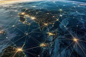 Global network connectivity illuminated at night, showcasing the power of intercontinental connections photo