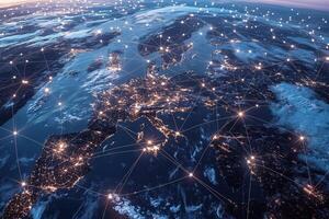 Global connections illuminated across continents, showcasing a network of lights linking the world together photo