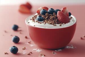 Creamy yogurt topped with fresh strawberries, blueberries, and crunchy granola in a vibrant red bowl photo