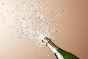 A celebratory champagne bottle explodes with sparkling spray, capturing the essence of joy and festivity photo