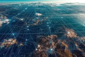 A futuristic network of interconnected cities glowing across the globe, visualized in a seamless web of data photo