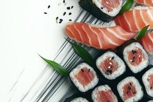 Elegant sushi arrangement featuring fresh salmon and tuna, highlighted with sesame seeds and artistic plating . photo