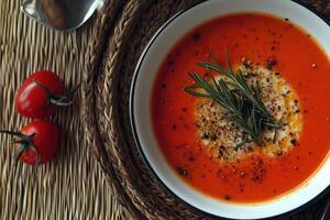 A vibrant tomato soup garnished with rosemary, cracked pepper, and cream swirl, styled. photo