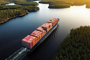A vibrant cargo ship navigates serene waterways, surrounded by lush greenery, showcasing global trade and efficiency photo