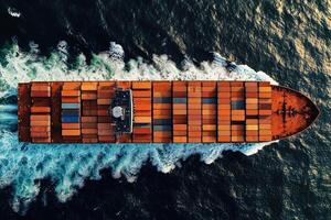 Aerial View of a Cargo Ship Plowing Through Ocean Waves photo