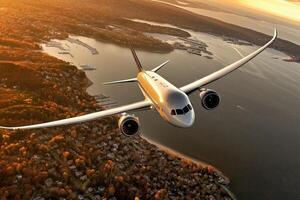 Golden Aerial View of Airplane Over Scenic Landscape photo
