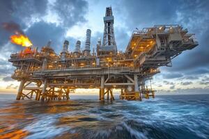 Illuminated Offshore Oil Platform at Dusk with Industrial Flames photo