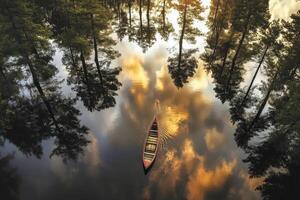 Golden Sunset Reflection with Solitary Canoe in Serene Lake photo