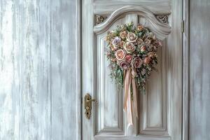 Elegant Floral Wreath on Rustic Door photo