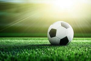 Soccer Ball in Morning Light on Vibrant Green Field photo