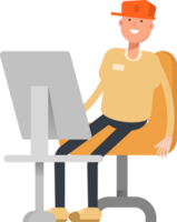 Man Wearing Cap Character Working on Desktop png