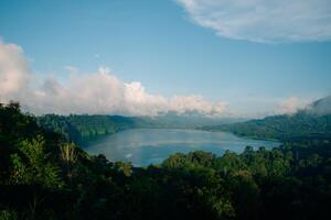 Top aerial view of a beautiful Buyan Lake, a tropical paradise, palm trees, exotic trees, and mountains in Bali photo