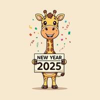 Joyful Giraffe Celebrating New Year 2025 with Cheerful Confetti and Balloons vector