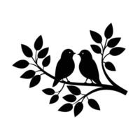 two birds sitting on a branch with leaves vector