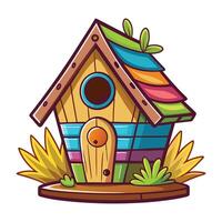 a cartoon birdhouse with colorful roof and grass vector