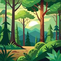 illustration of a forest landscape with trees and mountains vector