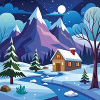 winter landscape with house, trees and stream vector