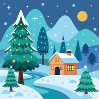 winter landscape with house, trees and stream vector
