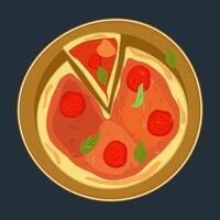 Pizza with tomatoes and basil. Pizza on a plate. Top view. vector
