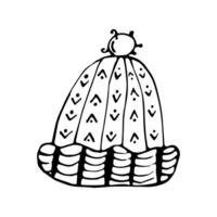 Winter hat on isolated background in doodle style.Headdress in handmade style.Knitting. vector