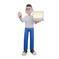 Cartoon Character 3D Model Editor Design. A male editor stands holding a pen and a laptop in both hands, explaining expression. Illustration Design. png