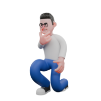 Cartoon Character 3D Model Editor Design. A male editor squats with his right hand on his chin, thinking expression. Design Character. png