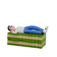 Cartoon Character 3D Model Editor Design. A male editor is lying on a pile of money with both hands behind his head. Design Character png