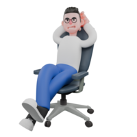 Cartoon Character 3D Model Editor Design. A MaleEditor sits on a chair with one leg crossed over the other, hands behind his head, relaxed and arrogant expression. Professional Model png