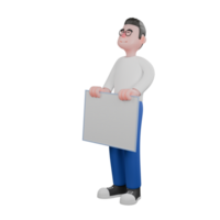 3D Model Cartoon Character for Editing. A male editor stands with both hands holding a whiteboard. Professional Model. png