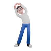 Editor in Cartoon Style 3D Model Illustration. A male editor stands while stretching, and both hands are above head,expression of relief. Design Character. png