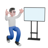 Professional Editing 3D Cartoon Model. A male editor crouches in front of a board with both hands raised up. Illustration Design png