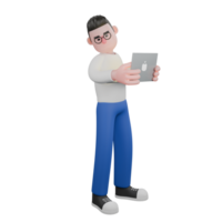 Creative Editor 3D Cartoon Character Design. A male editor stands facing left with both hands holding a tablet. Professional Model png