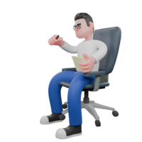 Editor in Cartoon Style 3D Model Illustration. A male Editor sits on a chair with his right hand extended forward holding a pen while his left hand holds a paper. Design Character png