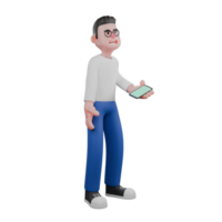 Professional Editing 3D Cartoon Model. A male editor stands looking up while holding a cellphone in his left hand, shocked expression. Professional Model. png