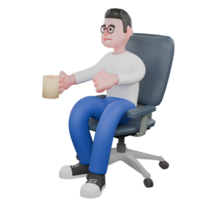 3D Model Cartoon Character for Editing. A male editor sits on a chair with his right hand holding a coffee cup and his left hand clenched. Design Character. png