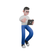 Cartoon Character 3D Model Editor Design. A male Editor walks to the left with left hand holding a tablet while right hand points to the tablet he is holding, serious expression. Professional Model png