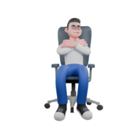 Cartoon Character 3D Model Editor Design. A Male Editor sits on a chair with his arms crossed in front of his chest, satisfied expression. Professional Model png