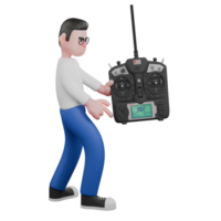 Editor in Cartoon Style 3D Model Illustration. A Male Editor stands with his left hand holding a large drone remote and his right hand pointing to the floor. Professional Model. png