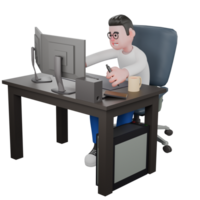 3D Model Cartoon Character for Editing. A male editor sits on a chair with a computer on the table with his left hand holding a pen. Design png