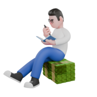 Cartoon Character 3D Model Editor Design. A male editor sits on a pile of money holding a book and a pen, an expression of thinking about writing. Illustration Design. png